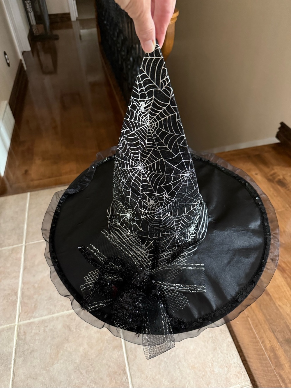 Deluxe Black spiderweb witch hat for Halloween costume one size